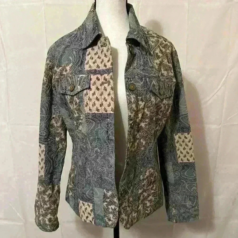 Analogy Women's Blue Paisley Print Jacket Size M Vintage-Inspired‎ Layered Look